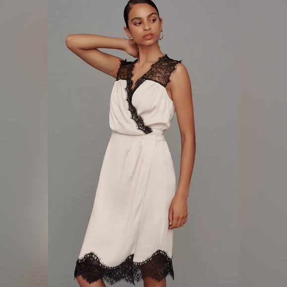 BY ANTHROPOLOGIE Sleeveless V-Neck Lace Wrap Midi Dress Blush Pink Black XS NEW - Picture 2 of 10